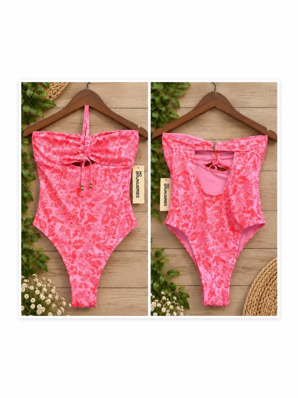 No Boundaries Pink Tropical Bandeau One Piece Swimsuit Small 4/6 NWT